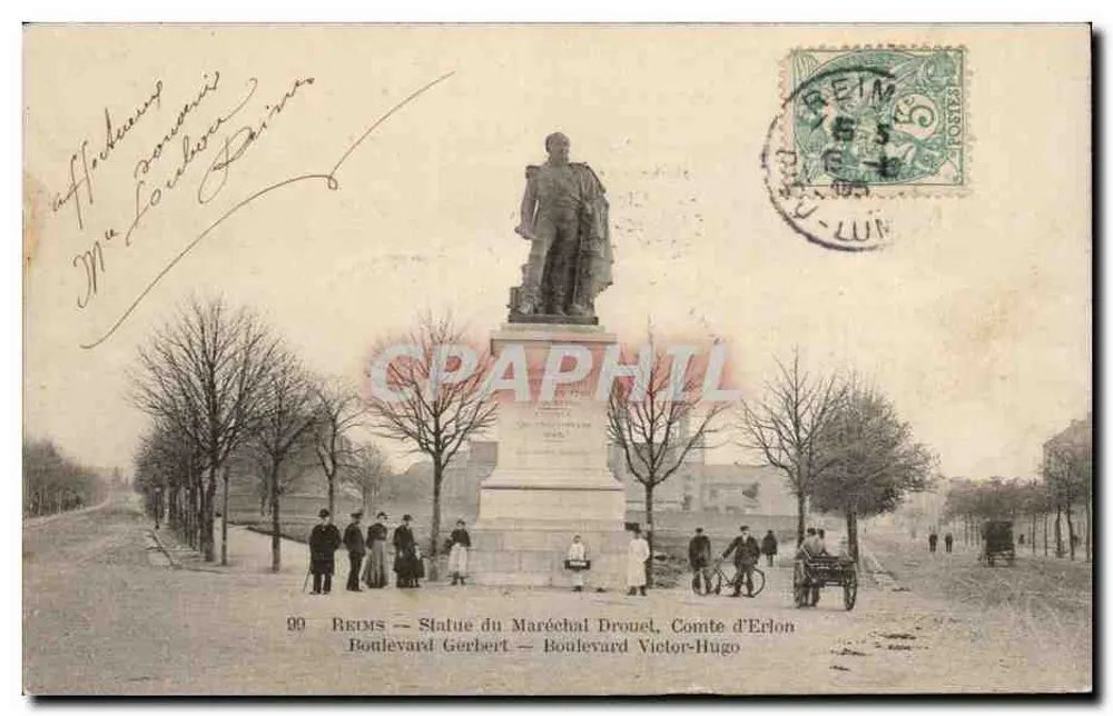Reims — Estátua do Mariscal Drouet, Conde d'Erlon — Boulevard Gerbert — Boulevard Victor-Hugo - Frente