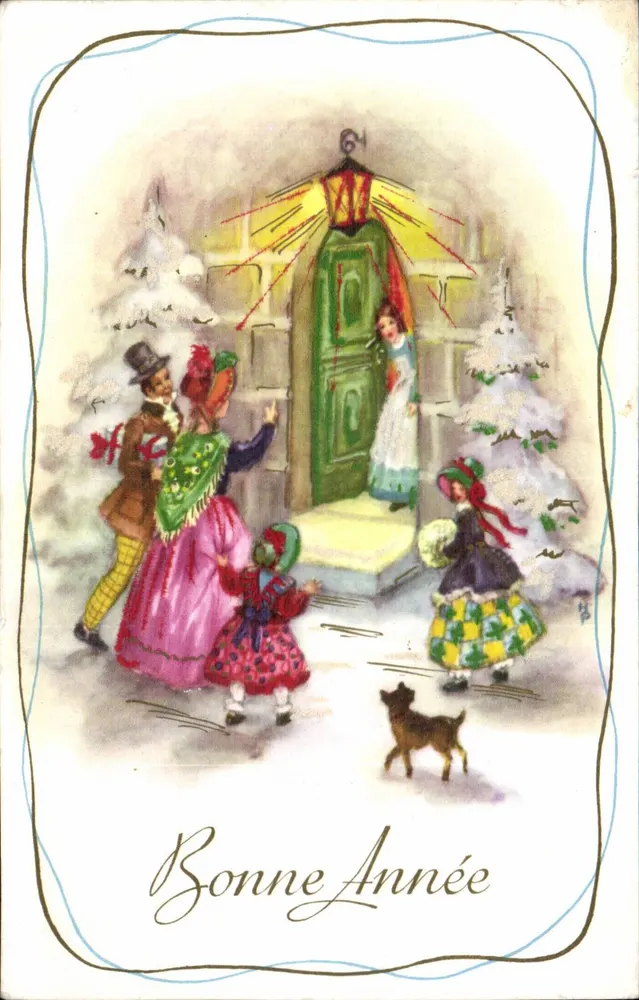 Famille festive devant une porte — scène hivernale avec lanterne — éditeur non visible - Vorderseite