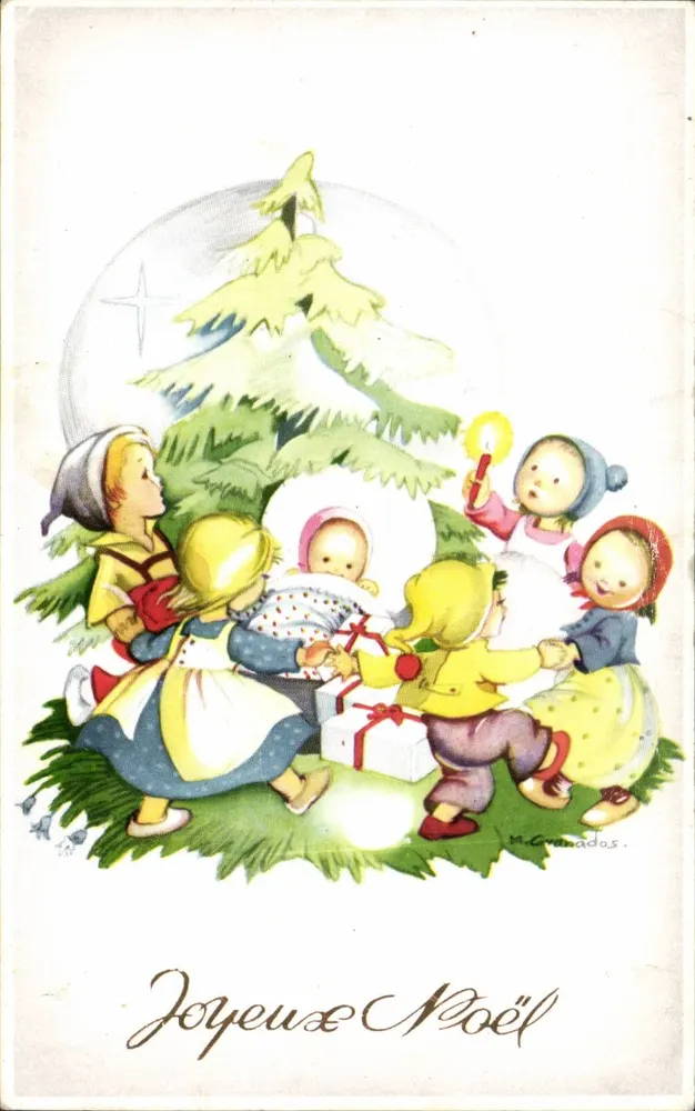 Enfants autour d'un sapin de Noël — illustration de M. Granados — éditeur non visible - Vorderseite