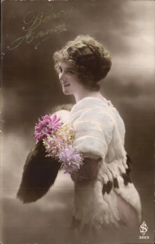 Frau in Pelz mit Blumenbouquet — Bonnie Annice, n° 3203 - Vorderseite