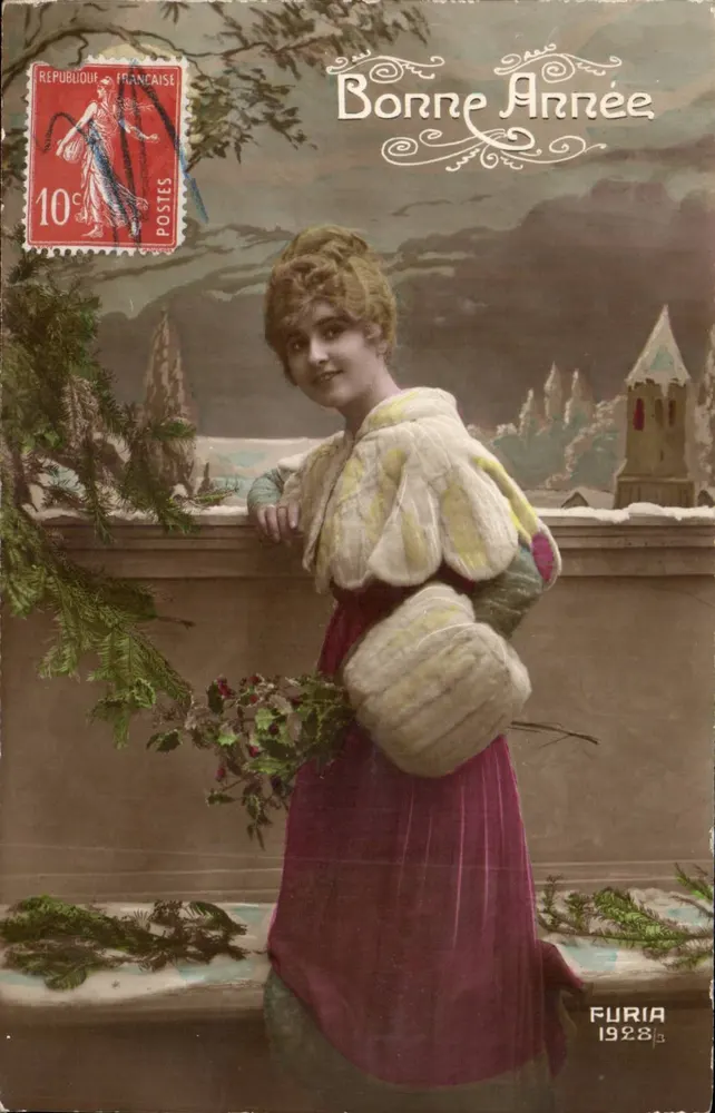 Frau in Pelz — Jahresgrußkarte 'Bonne Année 1928' — Furia, n° 1928 - Vorderseite