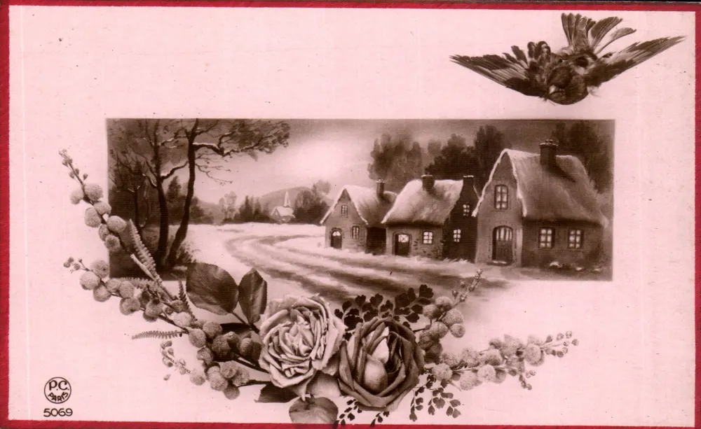 Village enneigé — décor floral et oiseau — P.C. 5069 - Recto