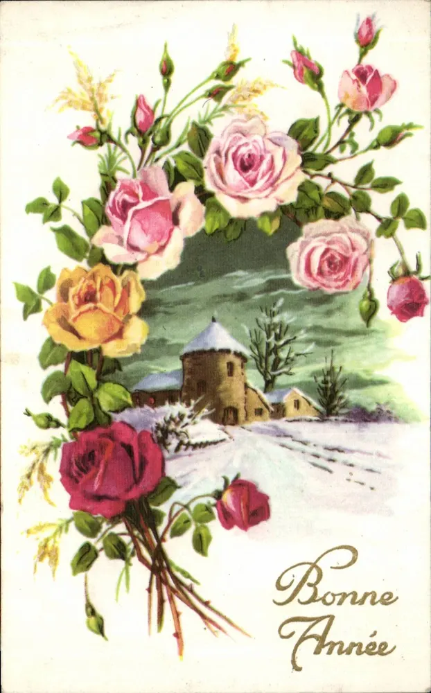 Bouquet de rosas — paisaje invernal con granja — editor SP - Anverso