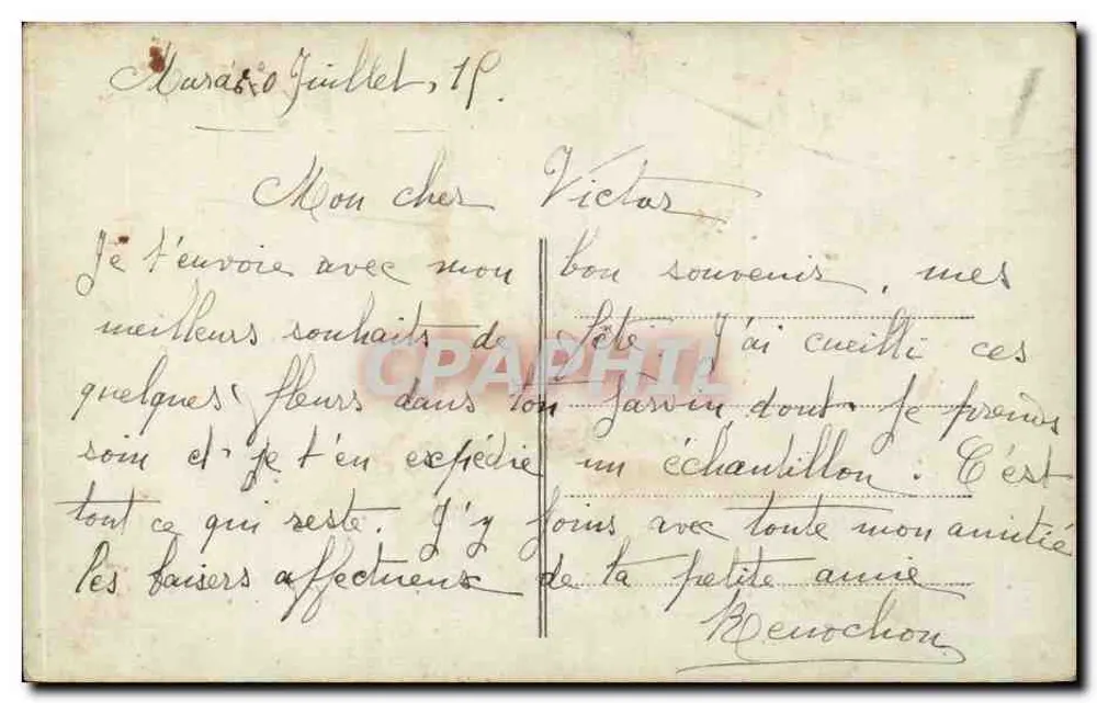 Frau in lila Kleid mit Kerzenleuchter — poetischer Text und 'Bonne Fête !' — Verlag PS n°3565 - Rückseite