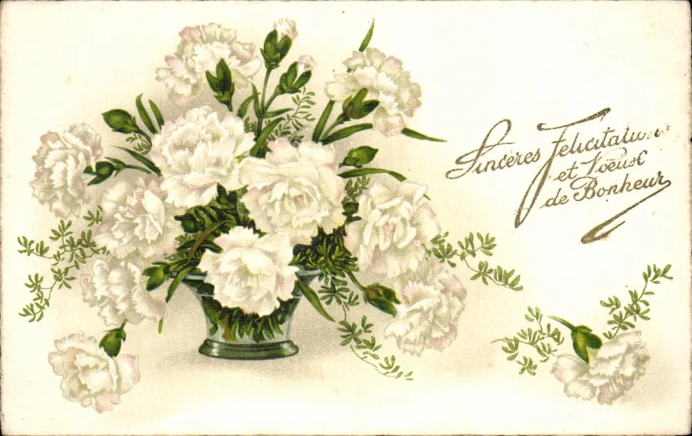 Arranjo de pivoines — Sinceras Felicitações e Alegria do Bem-estar — Imp. M 2358 - Frente