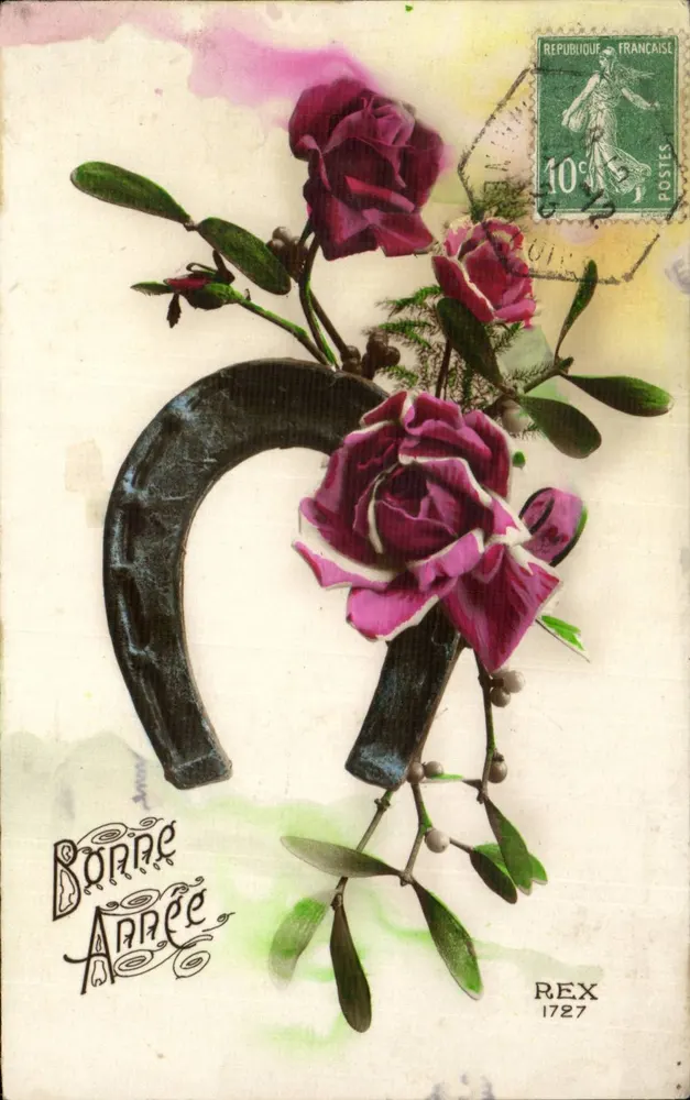 Guten Jahresbeginn — Hufeisen und Rosen — REX 1727 - Vorderseite