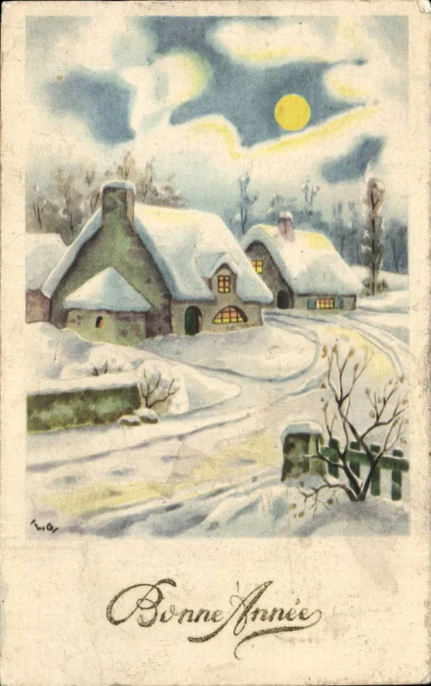 Pueblo nevado bajo la luna — Buen Año — L. G. (firmado) — editor desconocido - Anverso