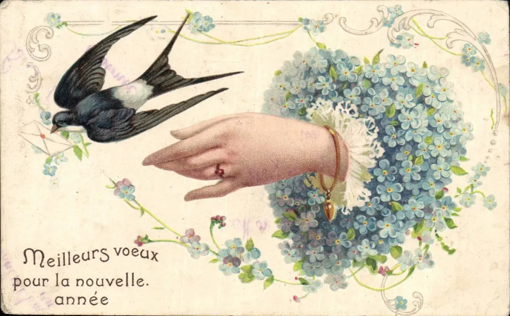 Ave y mano en un ramo de flores — Mejores deseos para el nuevo año — Imagerie G. FUSELLIER, Bourguel - Anverso