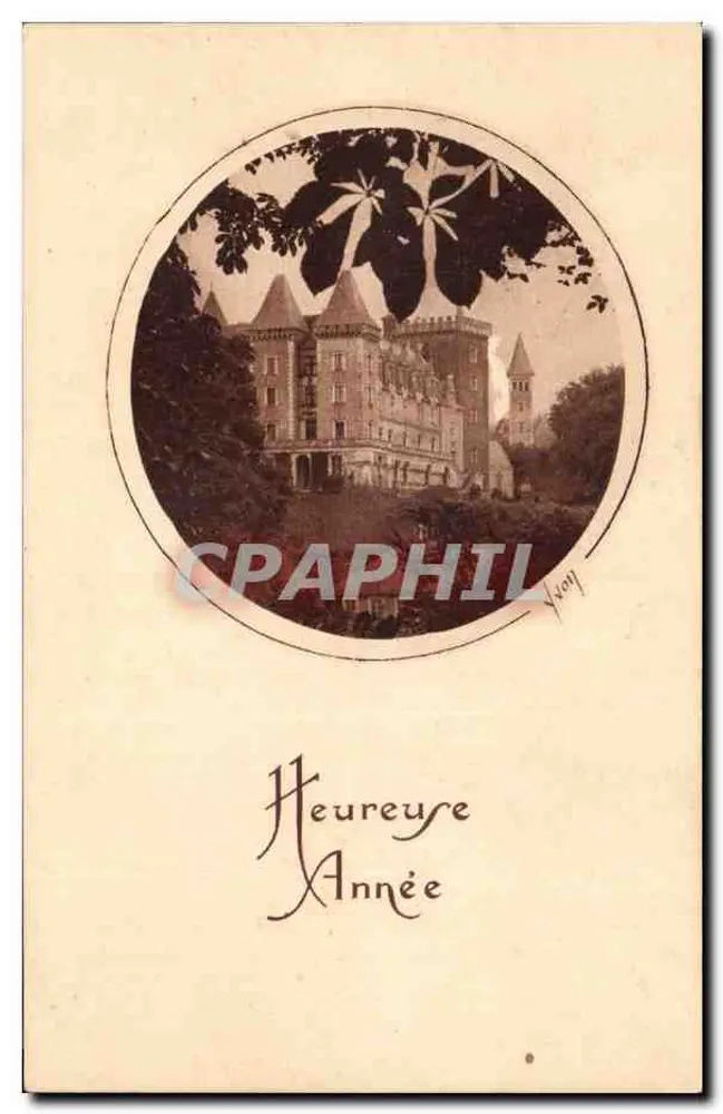 Schloss in einem kreisförmigen Rahmen — Frohe Neujahr — Kunstausgabe YVON, Paris - Vorderseite