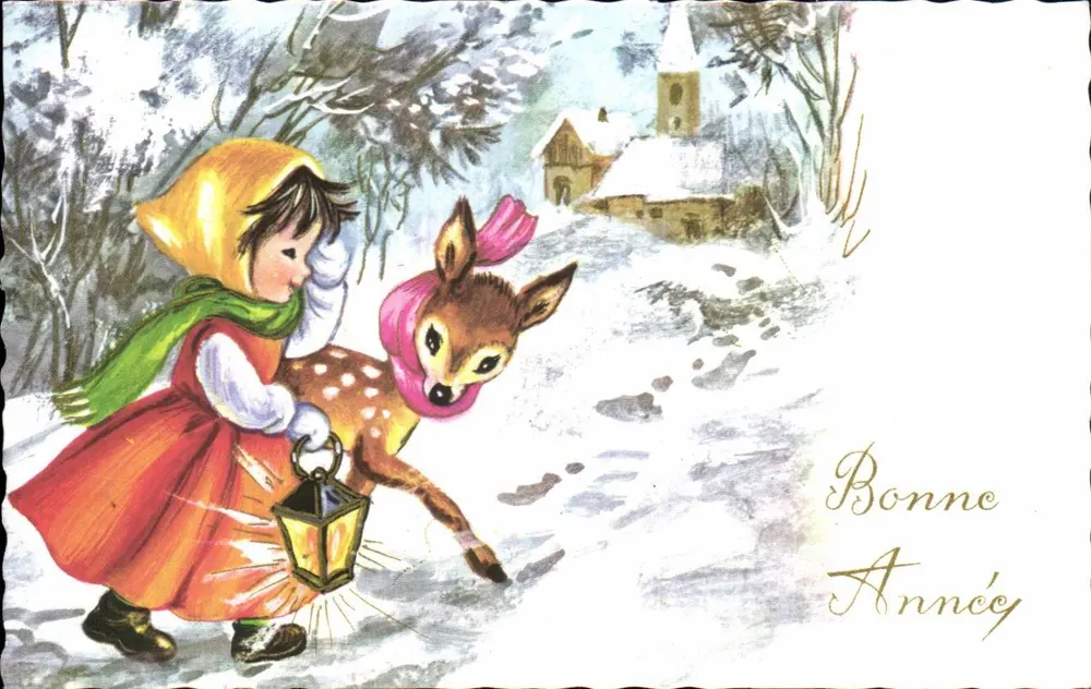 Kind und Hirsch in der Schnee — Frohe Neujahr — unbekannter Verlag, Seriennummer nicht sichtbar - Vorderseite