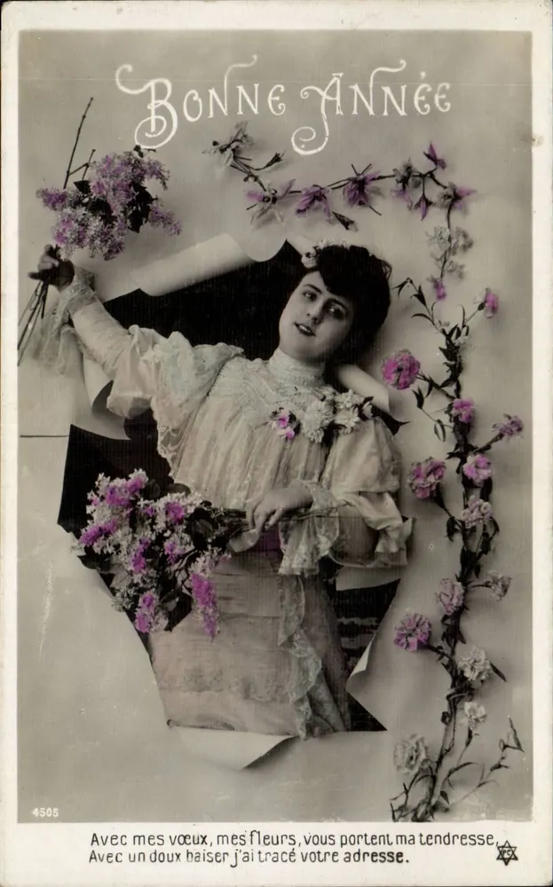 Frau in einem Rüschenkleid — mit Blumenstrauß — anonymer Verlag, Nr. 4505 - Vorderseite