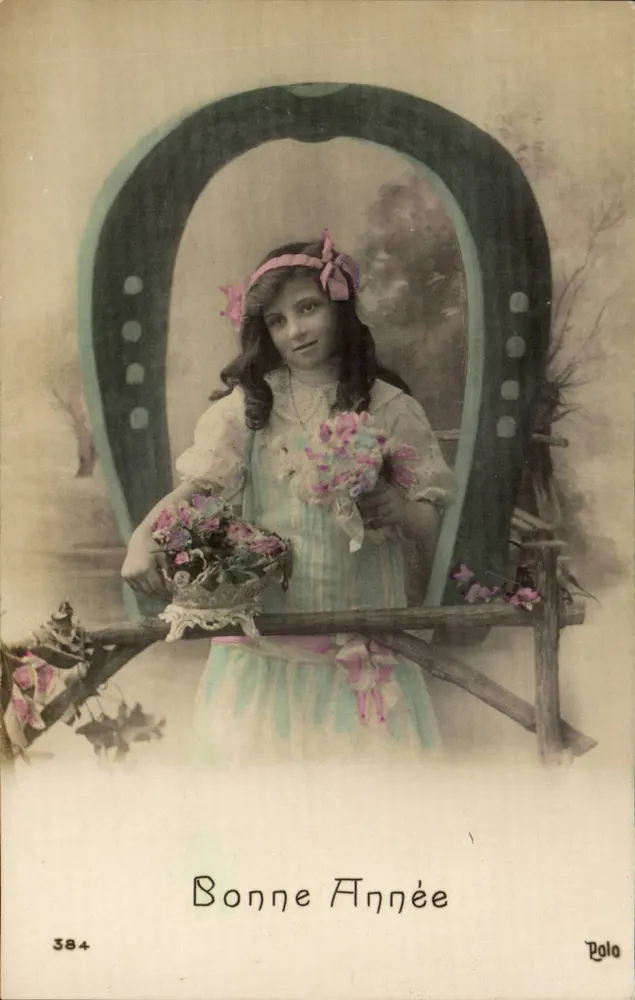 Mädchen mit Blumenstrauß — Frohe Neujahr — Polo, n° 384 - Vorderseite