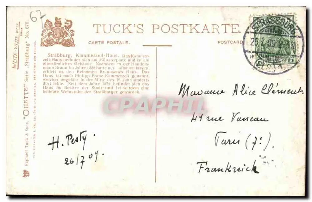 Estrasburgo, Kammerzell-Haus — Charles F. Flower, editor Tuck's Postkarte, série 'Oliette' n°676 - Verso