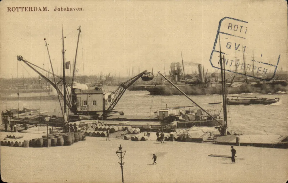 Rotterdam. Jobshaven. — Ansicht des Hafens mit Kränen und Baggern — Verleger E. & B. - Vorderseite