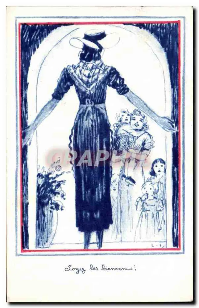 Mulher em vestido longo e chapéu — acolhendo crianças — Comitê Nacional da Criança, Paris - Frente