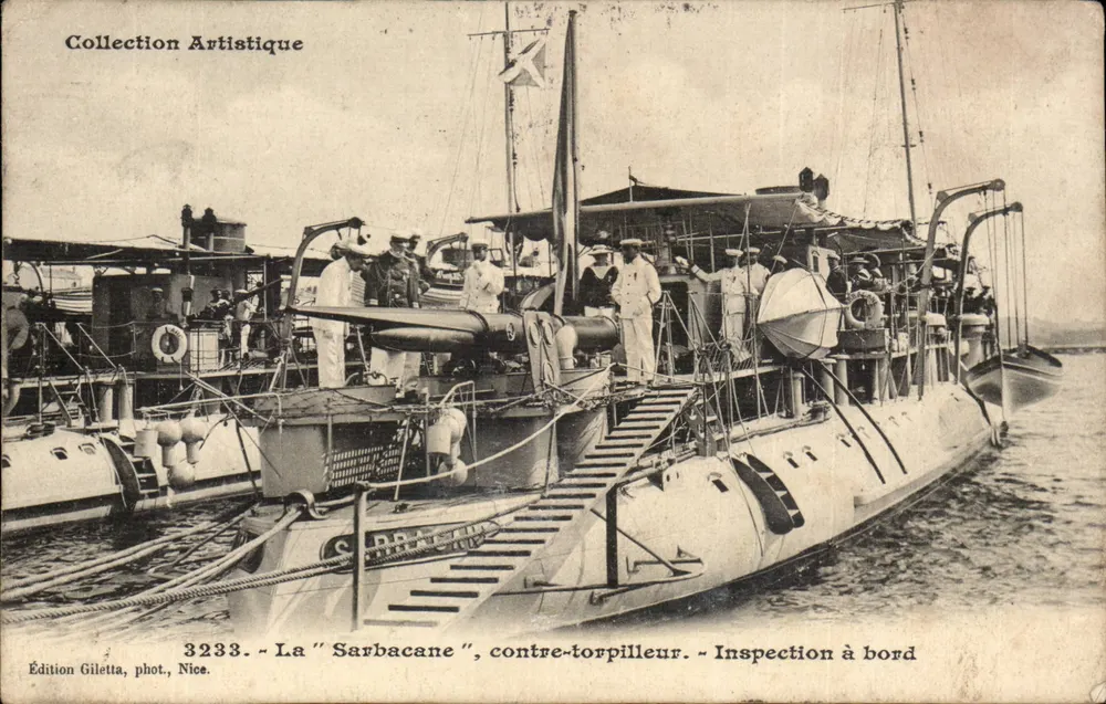 Die "Sarbacane", Torpedoboot — Inspektion an Bord — Edition Giletta, Foto. Nice, Nr. 3233 - Vorderseite