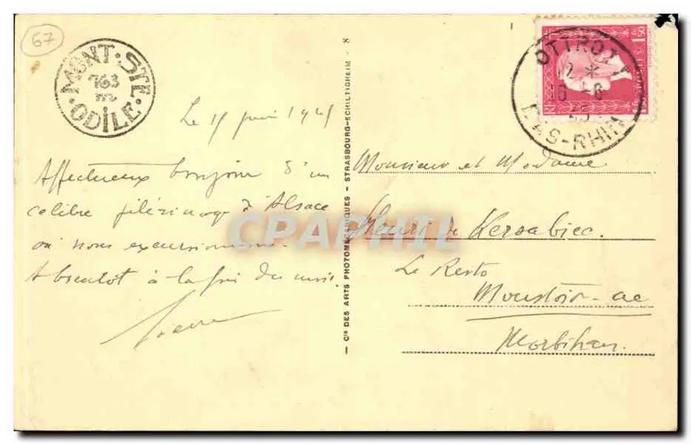 Monte Ste-Odile (alt. 763 m.) e Niedermunster — Bilhete postal antigo n°156 — Cie des Arts Photographiques - Strasbourg-Echilichheim - Verso