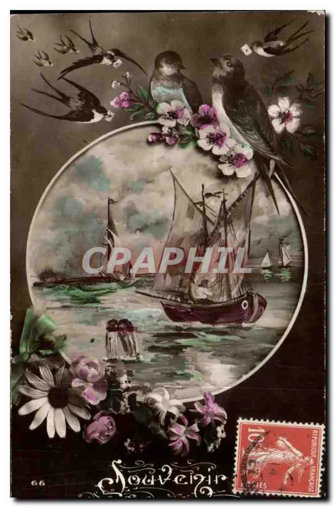 Cena marítima com barcos — adornada com andorinhas e flores — lembrança - Frente