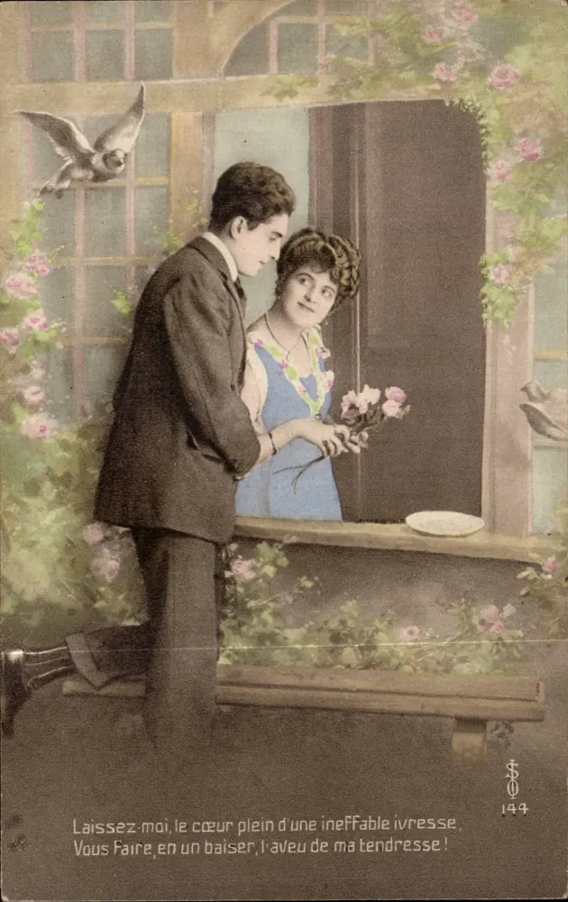 Jungmann, der Blumen einer jungen Frau anbietet — romantische Szene — Verlag S.O. n°144 - Vorderseite