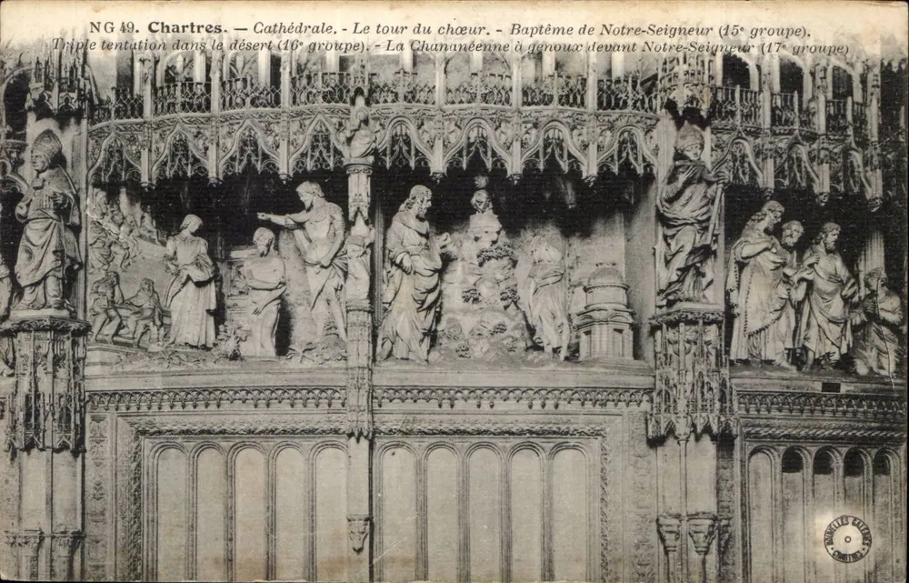 Chartres — Kathedrale. Der Chorweg. Die Dreifache Versuchung im Wüsten (16. Gruppe). Die Kanaaniterin knieend vor unserem Herrn (17. Gruppe). - Vorderseite