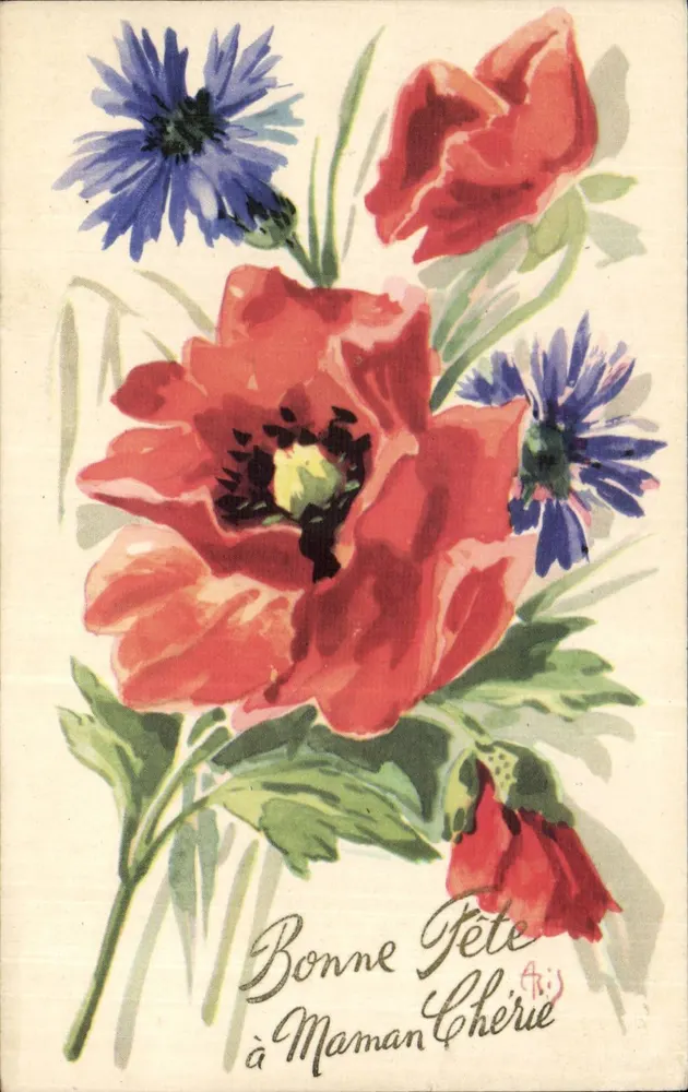 Flores — Anémonas vermelhas e cornículas azuis — A.R.J. (assinado) - Frente