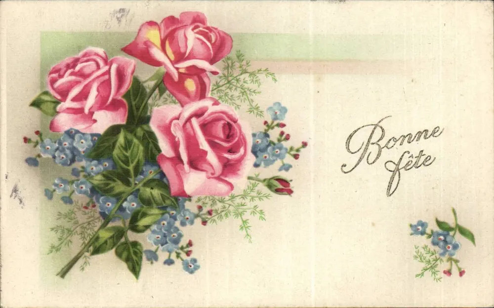 Blütenstrauß aus Rosen und blauen Blumen — Frohe Geburtstagskarte — Imprimerie de France - Vorderseite