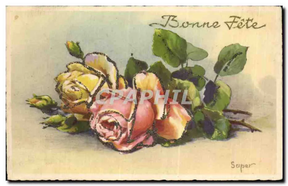Blumenstrauß — Illustration gelber und rosa Rosen mit Blättern — Verlag Super, n° 6.59 - Vorderseite