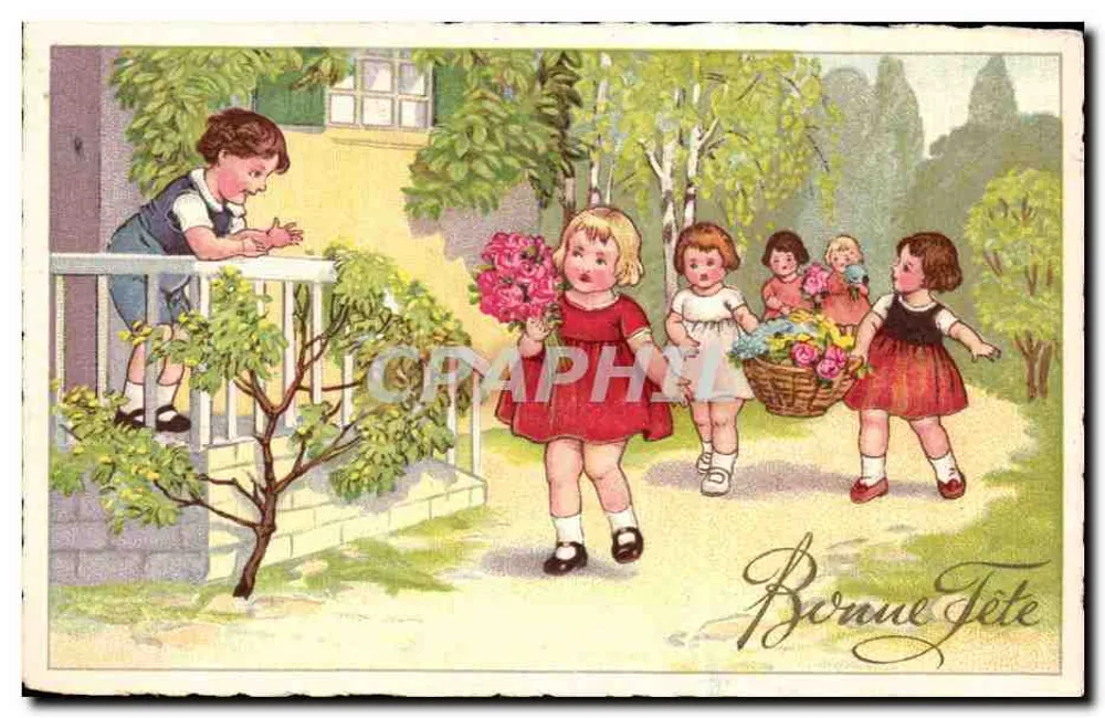 Kinder mit Blumenstrauß — Frohe Geburtstagskarte — Verleger nicht sichtbar - Vorderseite