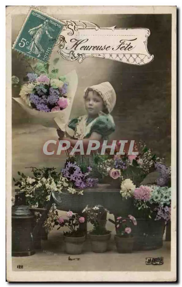 Mädchen mit Blumenstrauß — 'Heureuse Fête' — éditeur L. Brette, n° 122 - Vorderseite