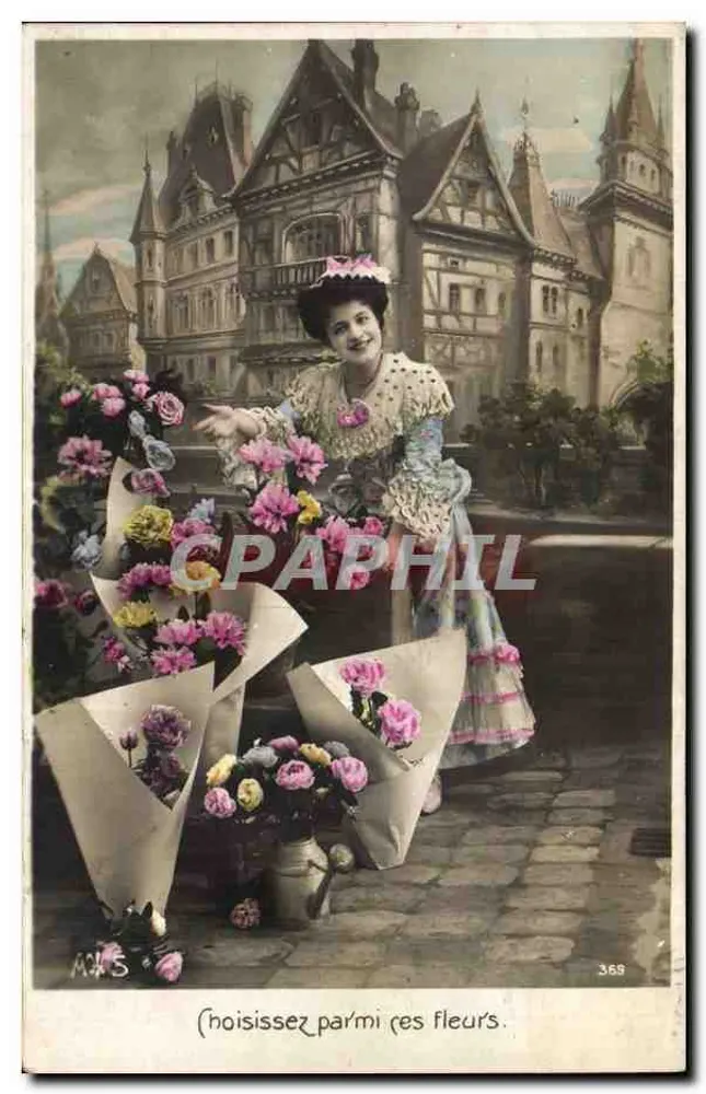Frau in einem blumigen Kleid mit Blumensträußen — Verlag MAS, Nr. 369 - Vorderseite