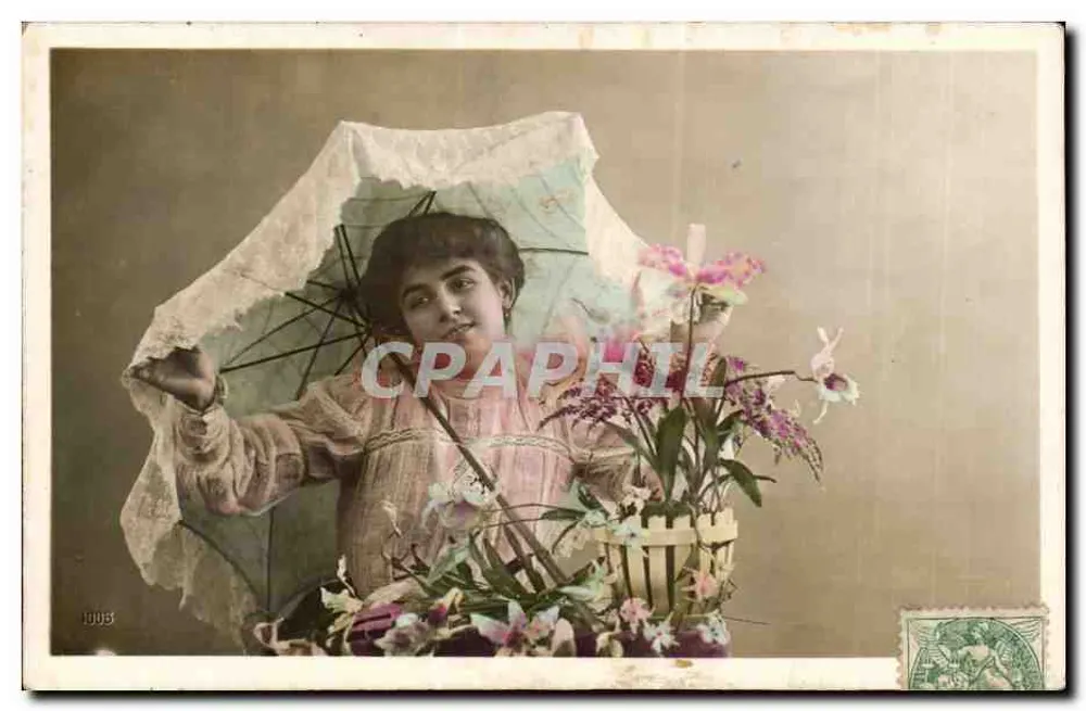 Junge Frau mit Schirm und Orchideen — n° 1005 - Vorderseite