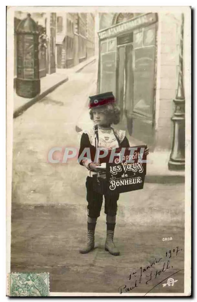 Kind in Posten-Outfit — Werbung für 'Les Vœux de Bonheur' — Verlag Grob, Nr. 1907 - Vorderseite