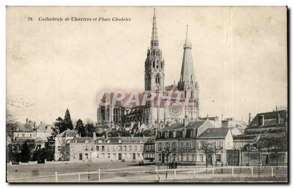 Catedral de Chartres e Praça Chatelet — editor A. Bousilles, imp. edit. Versailles, n° 24 - Frente