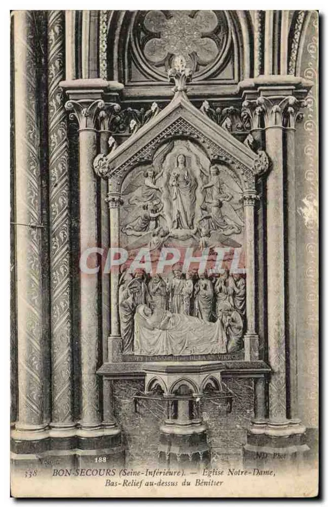 Bonsecours (Seine-Inférieure) — Kirche Notre-Dame, Basrelief über dem Fontänenbecken - Vorderseite