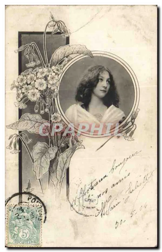 Porträt einer jungen Frau — Blumendekor im Stil Art Nouveau — Verleger unbekannt - Vorderseite