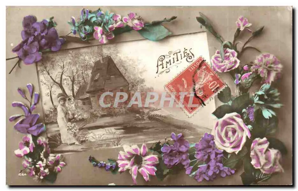 Mulher ao lado de uma casa — moldura floral — editor anônimo, n° 564 - Frente