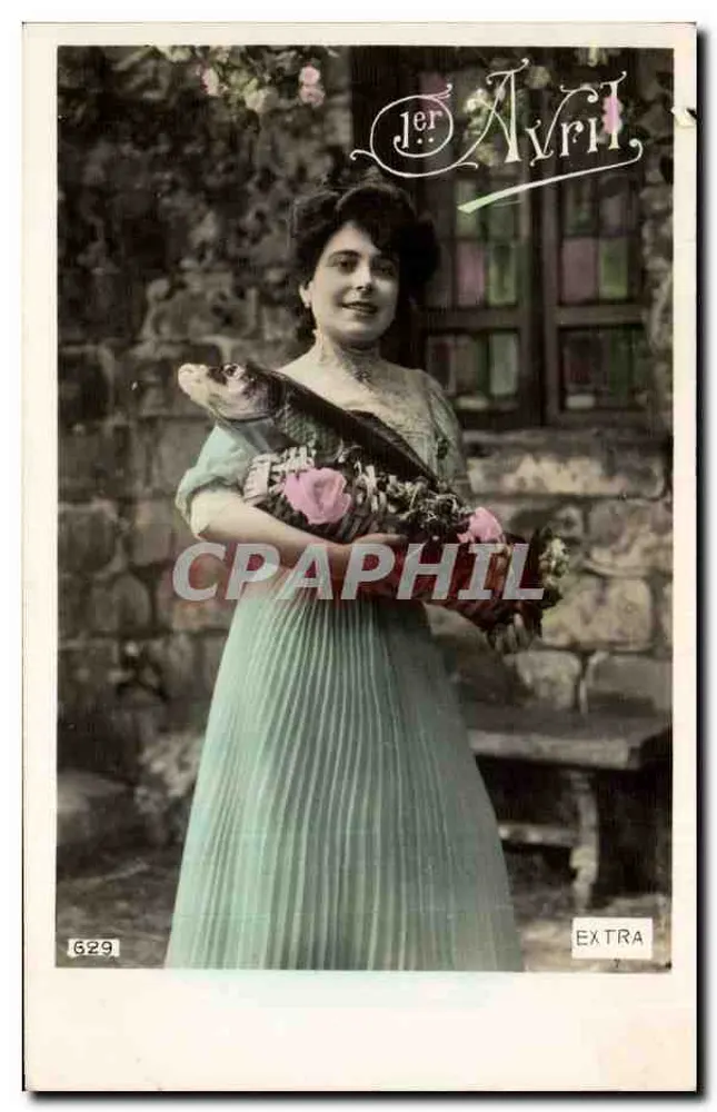 Junge Frau in blauem Kleid mit Blumenstrauß — Jér Avril, Serie EXTRA n°629 - Vorderseite