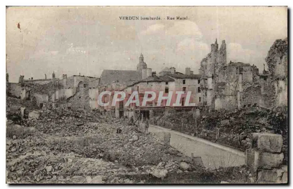 Verdun bombardeado — Rue Mazel — Edição W. Vachon, Editor em Verdun - Frente