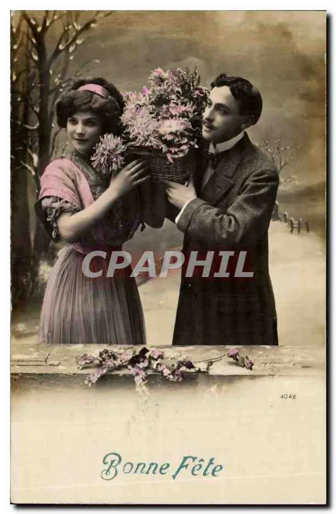Junges Paar mit Blumenstrauß — Frohe Geburtstagskarte — unbekannter Verlag, Nr. 404E - Vorderseite