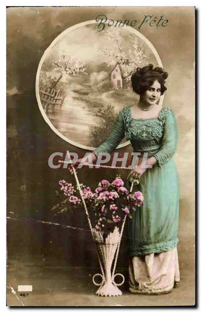 Frau in grünem Kleid mit Blumenkorb — Frohe Feier — Graphil n°467 - Vorderseite