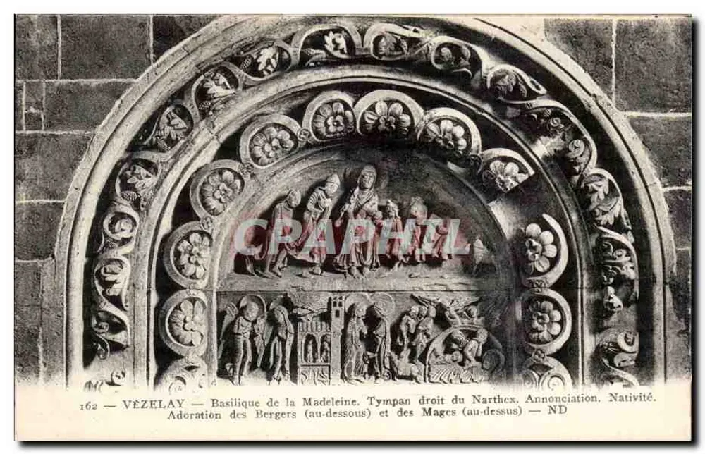Vézelay — Basilika der Madeleine. Rechter Tympanon des Narthex. Verkündigung und Geburt — ND - Vorderseite