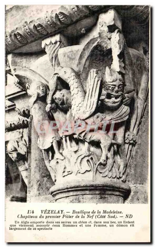 Vézelay — Basilika der Madeleine, Kapitell des ersten Pfeilers der Kirche (Südseite) - Vorderseite