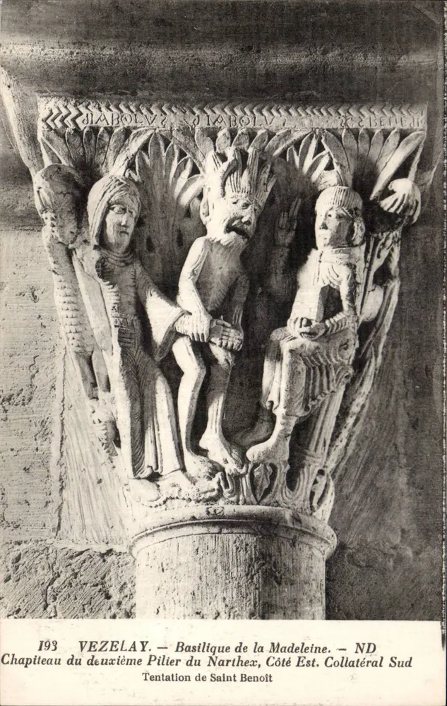 Vézelay — Basilika der Madeleine — Kapitell des zweiten Pfeilers des Narthex, östliche Seite, südliche Seite — Versuchung des heiligen Benedikts - Vorderseite