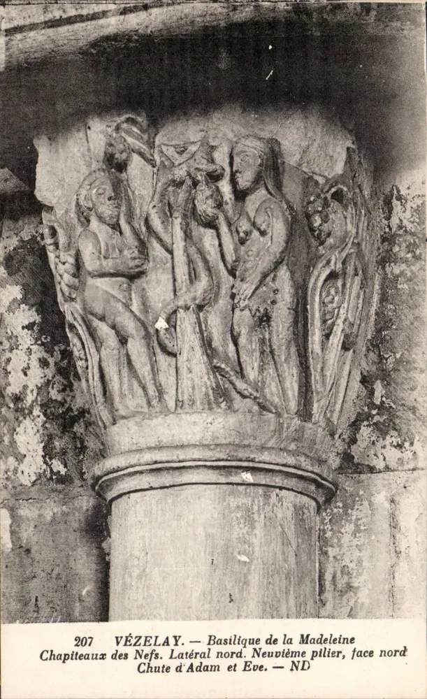 Vézelay — Basilika der Madeleine. Kapitelle der Naven. Fall Adams und Evas — ND - Vorderseite