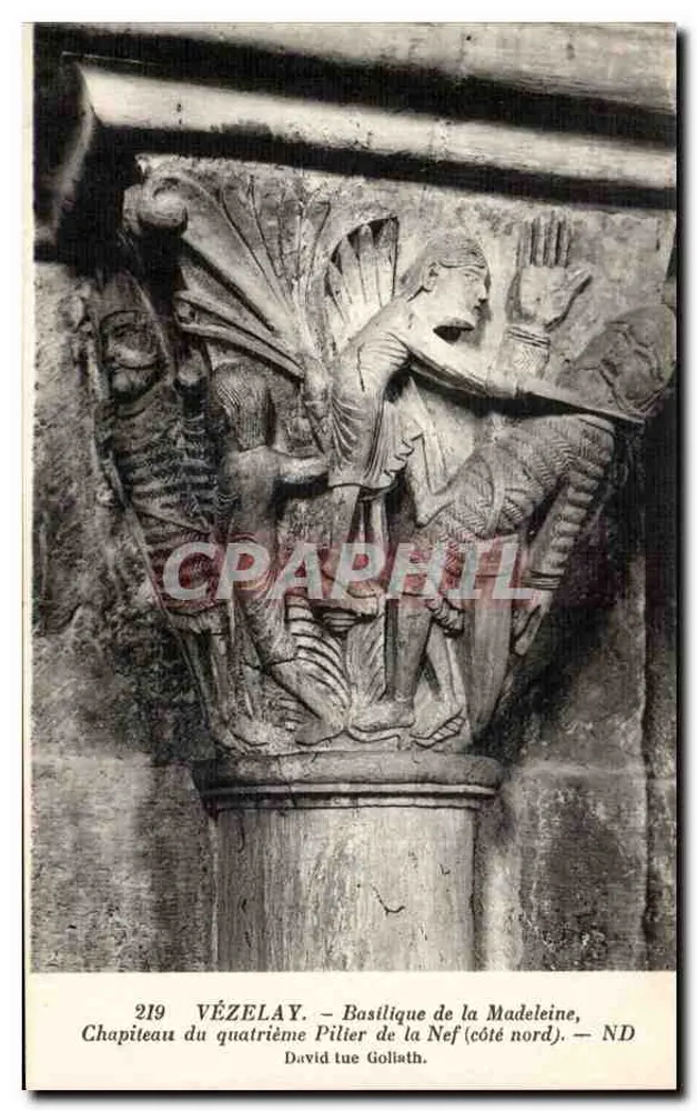 Vézelay — Basilika der Madeleine, Kapitell des vierten Pfeilers der Kirche (Nordseite) — David tötet Goliath - Vorderseite