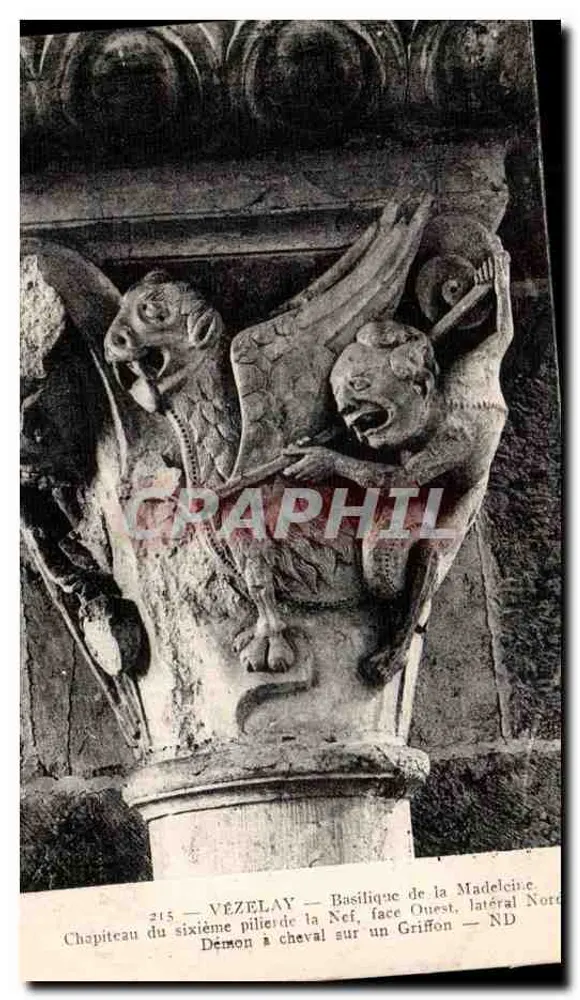 Vézelay — Kapitell des sechsten Pfeilers der Kirche, Westseite, Nordseite — Teufel auf einem Greif — ND - Vorderseite