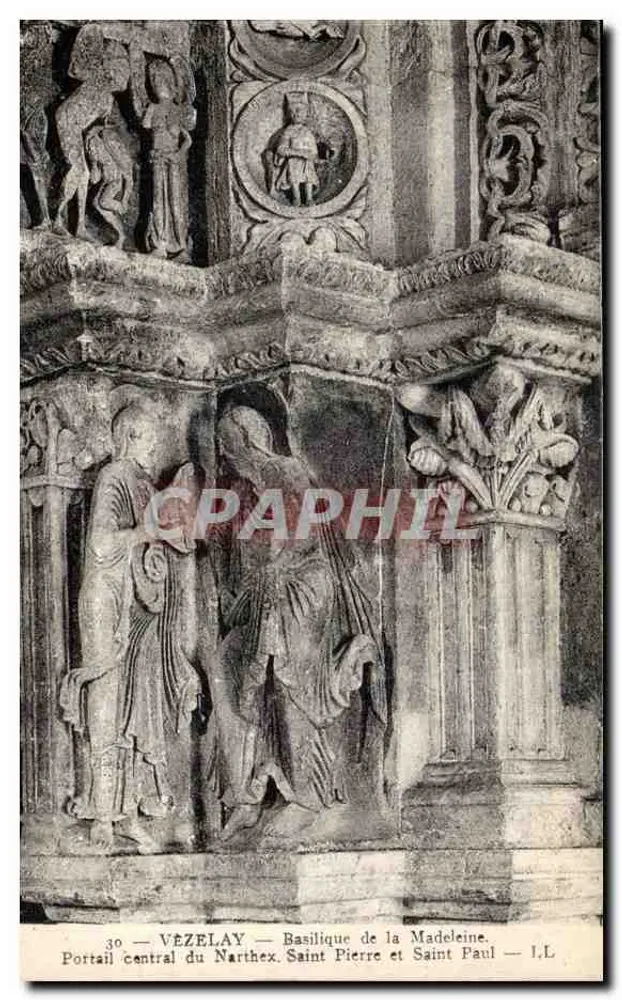 Vézelay — Basilika der Madeleine — Zentralportal des Narthex. Heiliger Petrus und Heiliger Paul — I.L. - Vorderseite