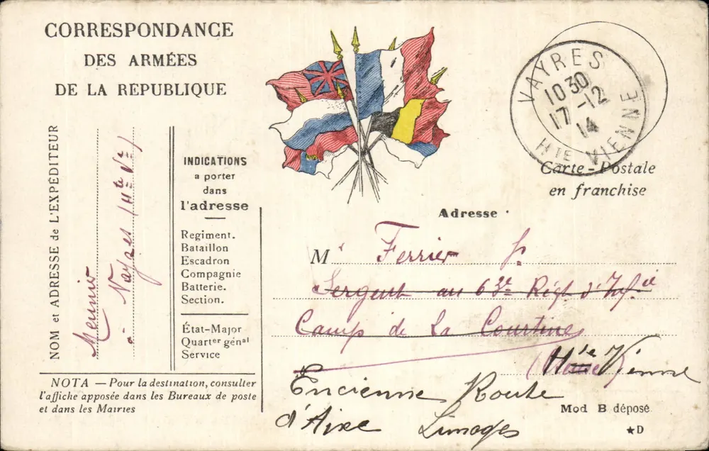 Militärische Korrespondenz der Armee der Republik — Vayres, 17-12-1914 — Modell B - Vorderseite