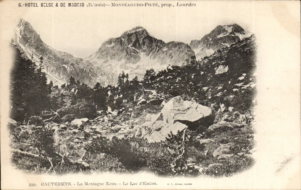 Cauterets — Schwarze Berg und See Estôm — G. Hotel Belge & de Madrid (R. Cunis) — Montéagudo-Pilté, prop., Lourdes - Vorderseite