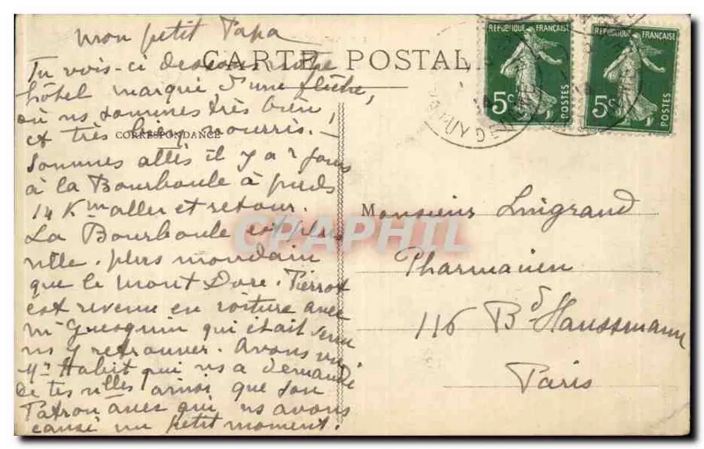 Puy-de-Dôme — Kreuzung der Straße nach Clermont und der Straße nach La Bourboule — Hotel L'AUVERGNE — unbekannter Verleger - Rückseite